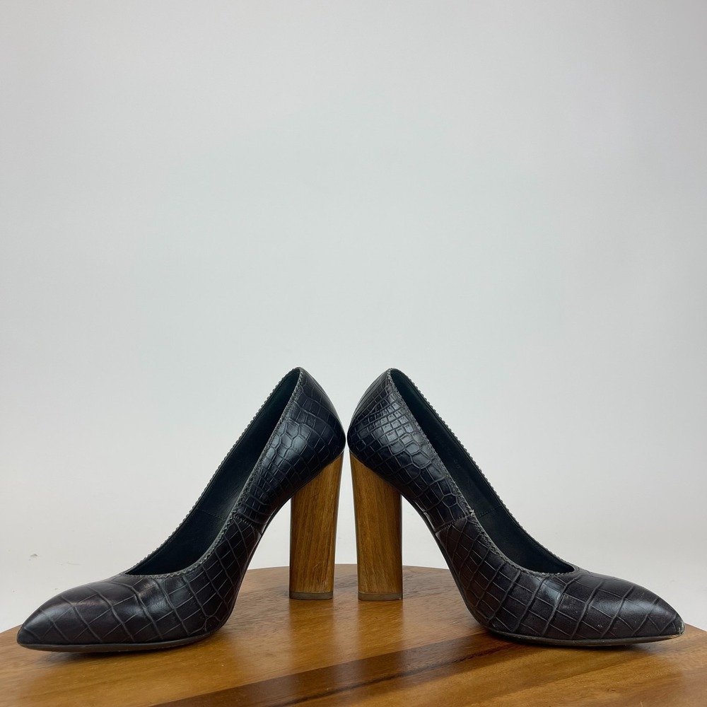 Womens YSL Saint Laurent Dark Gray Croc Print Leather Block Heels Size 36 US 6 - Picture 8 of 16